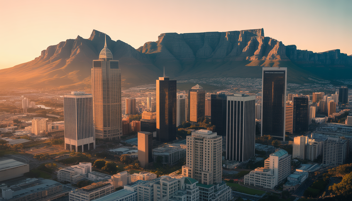 Aerial view of Cape Town's central skyline at sunset with modern skyscrapers and golden sky