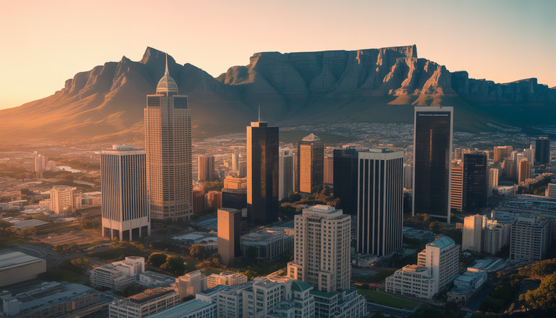 Aerial view of Cape Town's central skyline at sunset with modern skyscrapers and golden sky