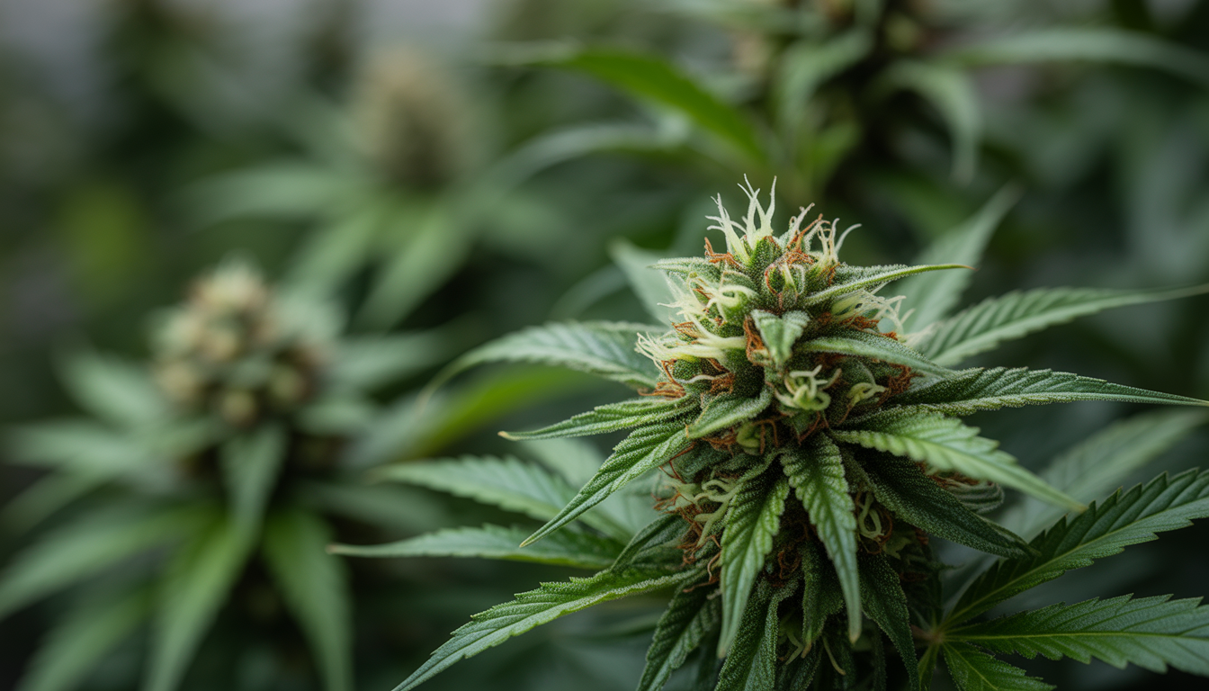 Gros plan de fleurs de CBD biologiques avec trichomes brillants