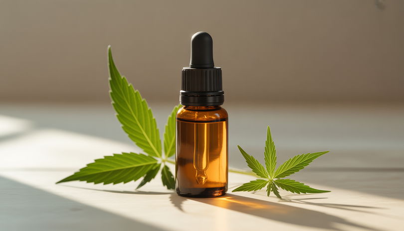 Bouteille compte-gouttes en verre ambré de 10ml avec huile CBD dorée, sur fond minimaliste