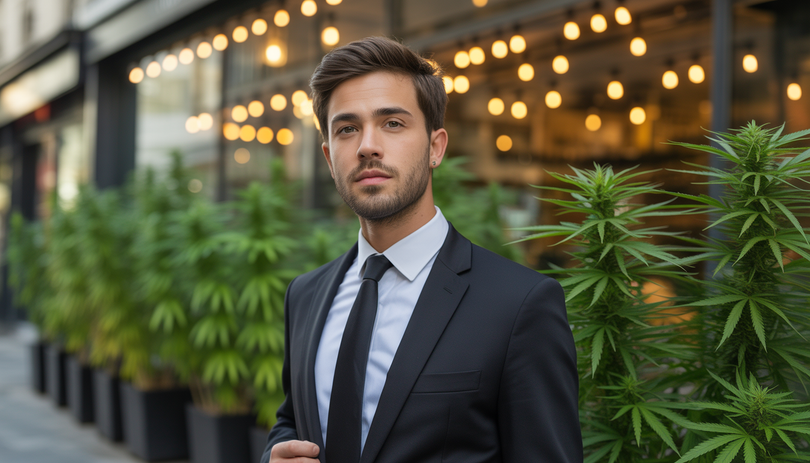 Jeune entrepreneur déterminé en costume, debout avec confiance devant une boutique CBD moderne à Marseille, éclairage heure dorée, plantes de chanvre stylisées en arrière-plan