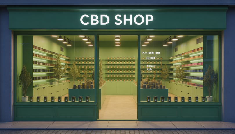 Vitrine d’un magasin CBD illuminée la nuit avec des bocaux de fleurs et hash colorés sur les étagères