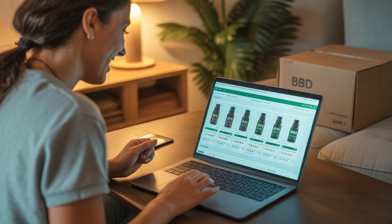Personne souriante utilisant un ordinateur portable pour voir des produits CBD avec notes élevées et emballage discret en arrière-plan