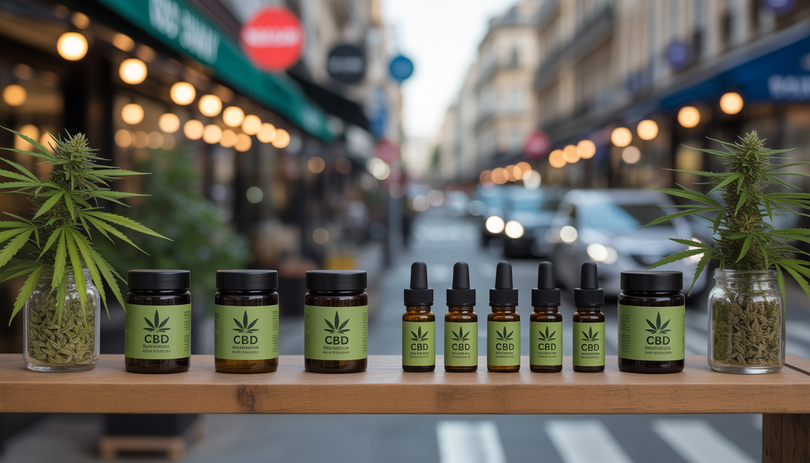 Présentation photoréaliste d'une vitrine de boutique CBD avec bocaux de fleurs de chanvre et huiles sur étagères en bois