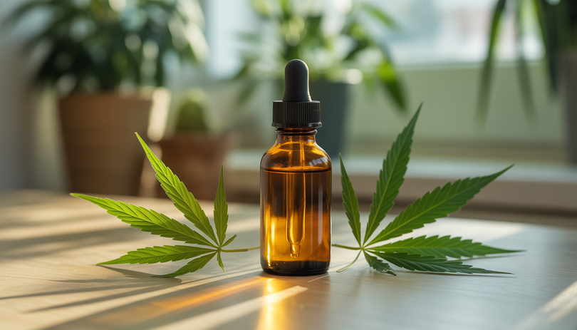 Flacon compte-gouttes d'huile de CBD sur table en bois avec feuilles de chanvre fraîches en lumière naturelle