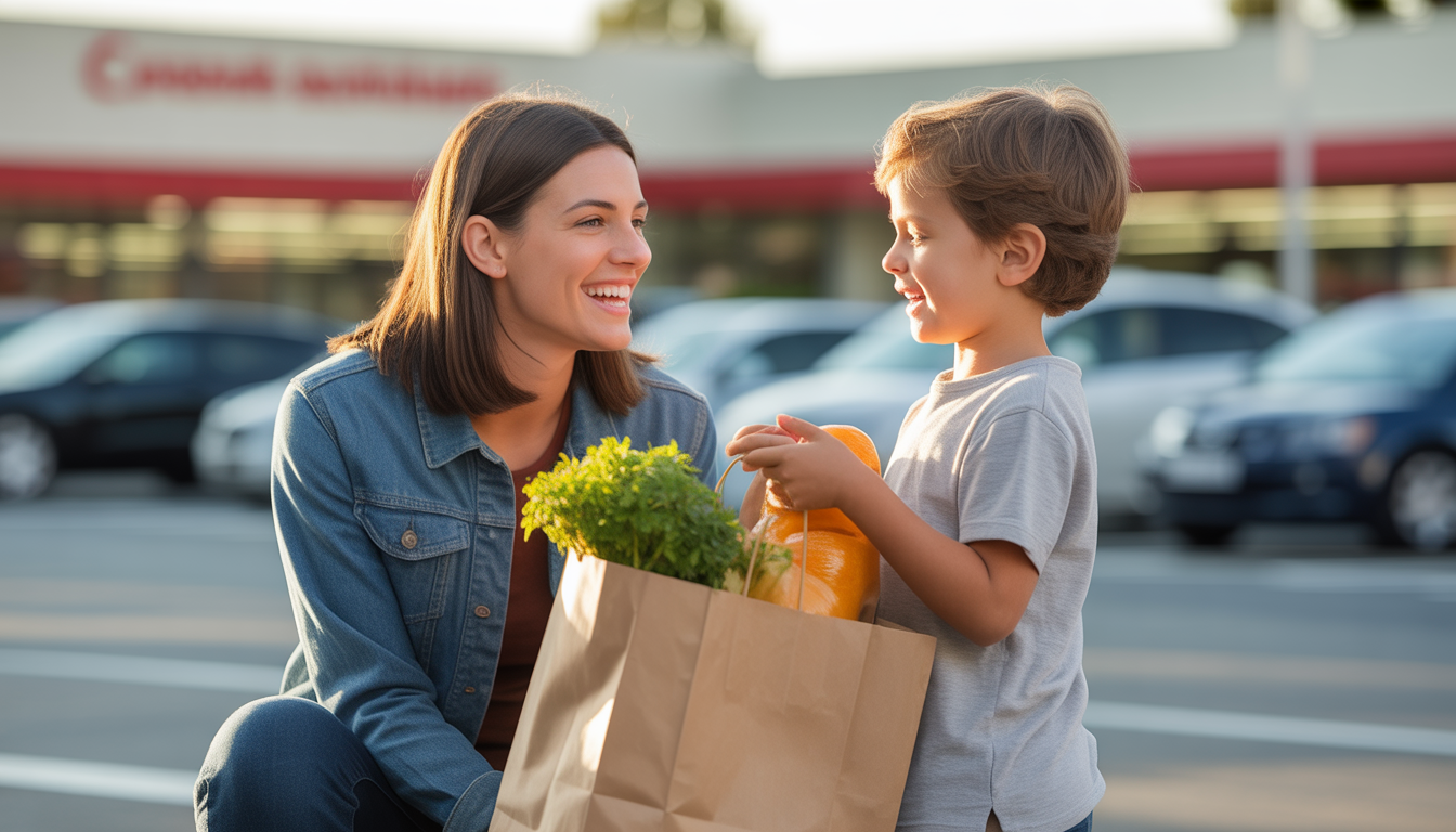 Mère souriante tenant un sac de courses avec son jeune fils devant un supermarché