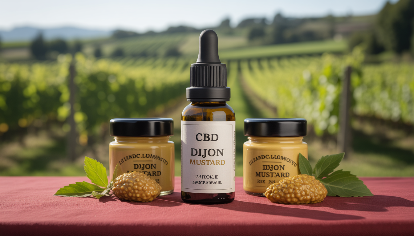 Flacon de CBD élégant au parfum de moutarde sur un étal en Bourgogne ensoleillée entouré de pots de moutarde traditionnels et de vignes