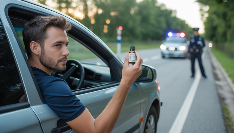 Conducteur assis dans une voiture garée tenant un petit flacon d'huile CBD, avec un contrôle de police visible en arrière-plan sur le bord de la route