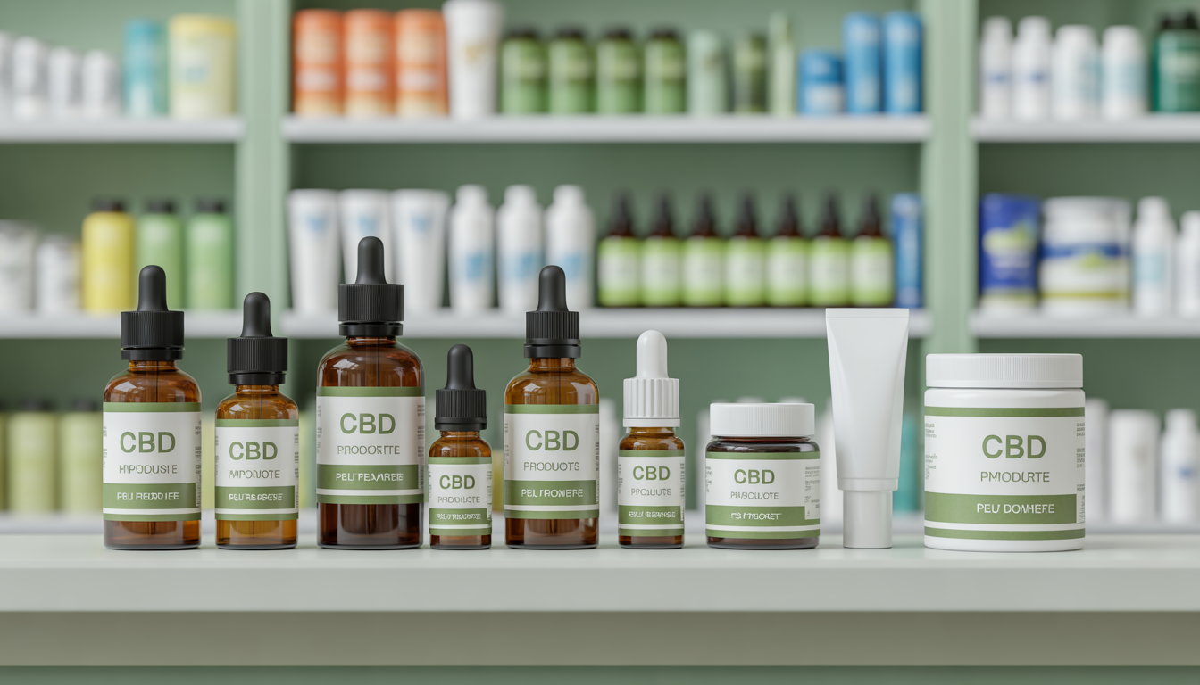 Huiles, capsules et crèmes CBD sur une étagère de pharmacie