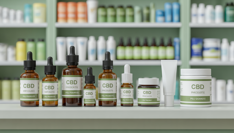 Huiles, capsules et crèmes CBD sur une étagère de pharmacie