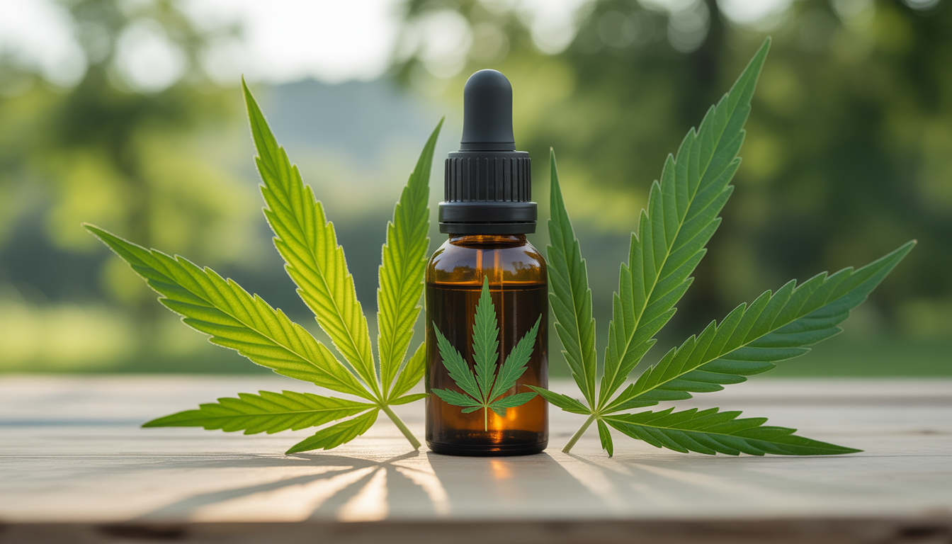 Bouteille d’huile de CBD entourée de feuilles de chanvre fraîches sur fond naturel