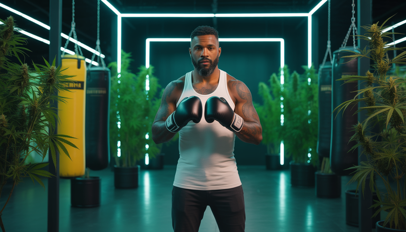 Boxeur retraité musclé en streetwear casual debout avec confiance dans un showroom moderne et futuriste mêlant équipements de boxe, produits au chanvre, plantes de cannabis, présentoirs de merchandising luxueux et éclairage néon ambiant