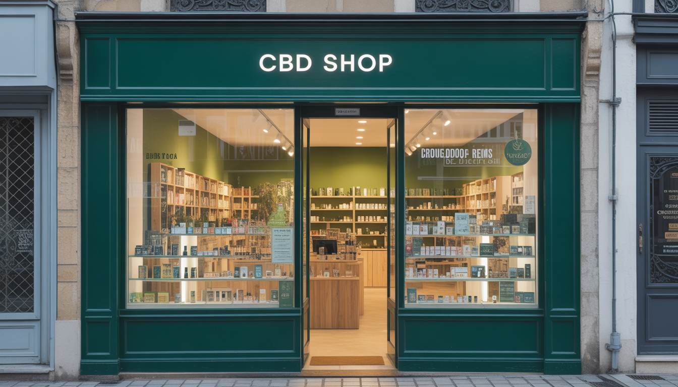 Magasin de CBD moderne à Reims avec vitrine claire et produits bien rangés à l'intérieur