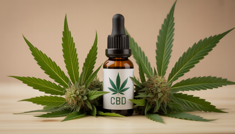Swiss hemp flowers arranged near a CBD oil bottle in a clean studio environment with professional lighting