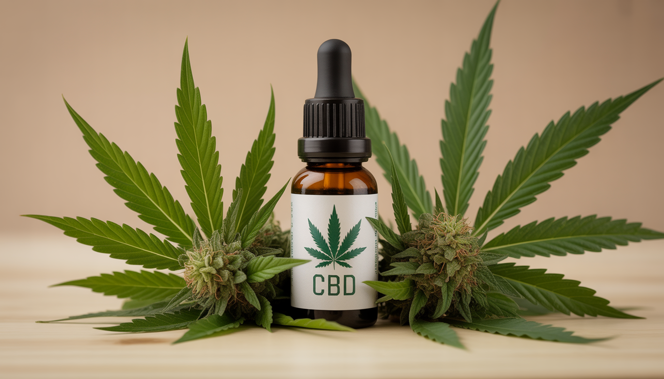 Swiss hemp flowers arranged near a CBD oil bottle in a clean studio environment with professional lighting