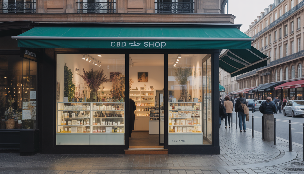 Boutique CBD moderne à Strasbourg avec vitrine en verre et passants
