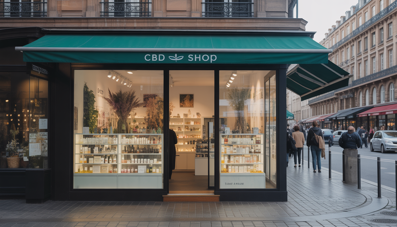 Boutique CBD moderne à Strasbourg avec vitrine en verre et passants