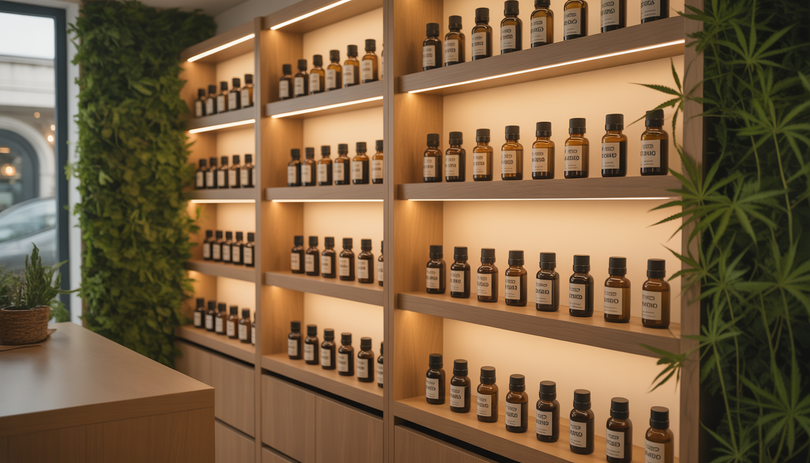 Intérieur moderne d'une boutique CBD à Nîmes avec des fleurs de chanvre naturelles et des flacons d'huile CBD disposés sur des étagères en bois chaud, éclairage doux et plantes vertes