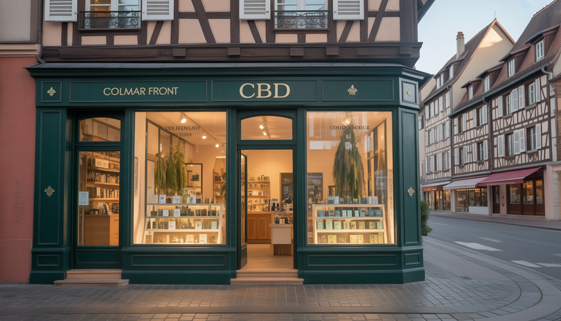 Devanture moderne d'une boutique CBD Chanvrery à Colmar en Alsace, avec vitrine élégante présentant des produits au chanvre, maisons à colombages en arrière-plan et éclairage doré chaleureux