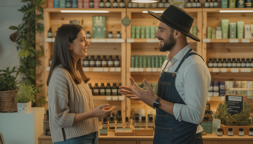 Une cliente et un vendeur souriant discutent dans une boutique CBD chaleureuse, avec des étagères en bois bien organisées et un éclairage doux et naturel