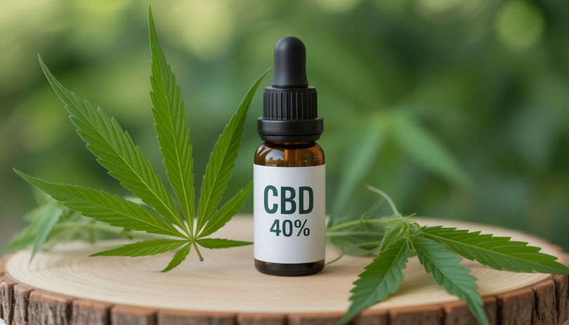 Flacon d'huile CBD 40% Chanvrery posé sur une surface en bois naturel, entouré de feuilles de chanvre fraîches, photographie produit minimaliste en lumière naturelle douce