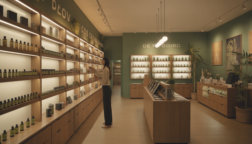 Intérieur d'une boutique CBD moderne avec étagères design, éclairage chaleureux et personnel aidant des clients