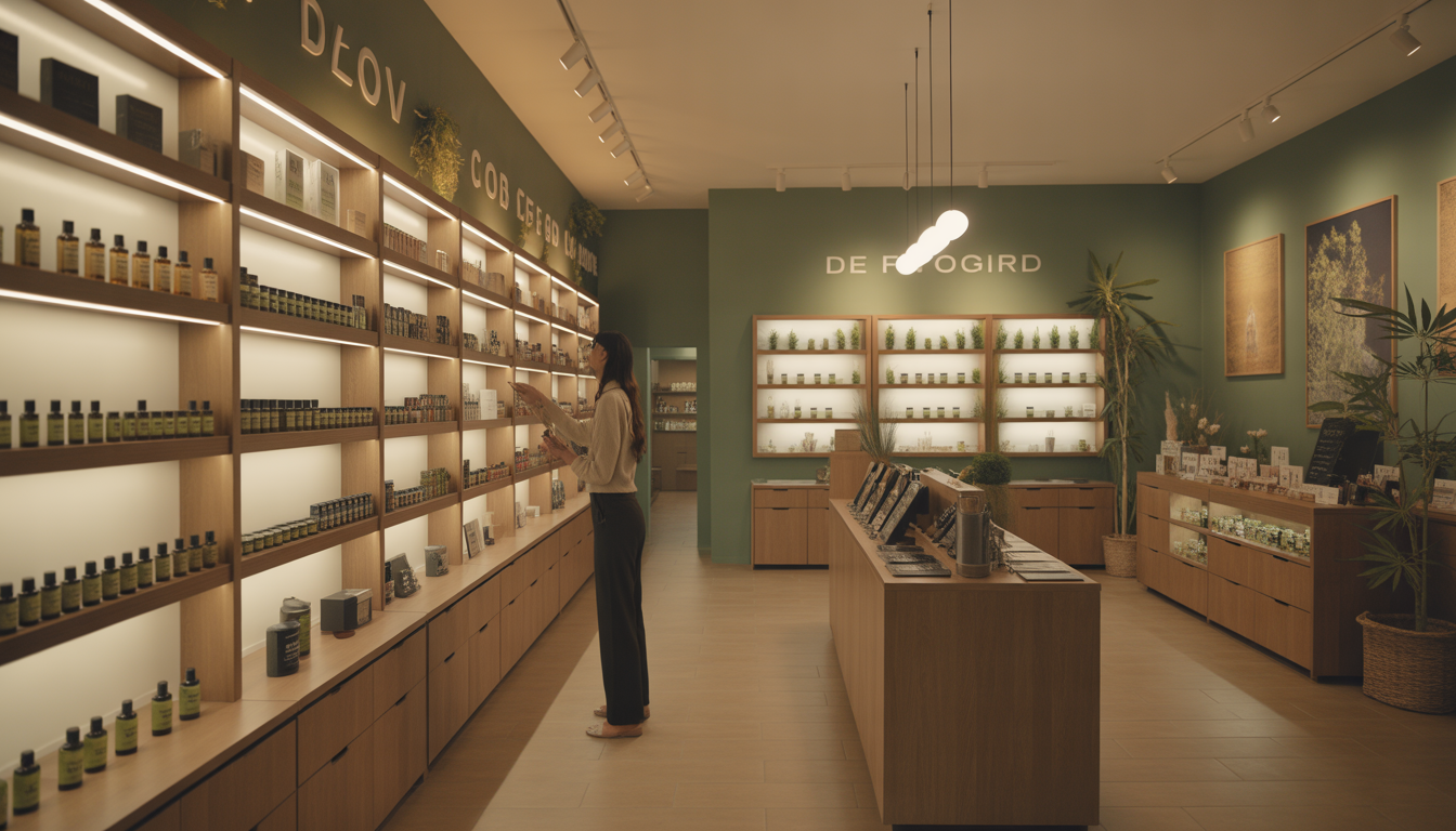 Intérieur d'une boutique CBD moderne avec étagères design, éclairage chaleureux et personnel aidant des clients