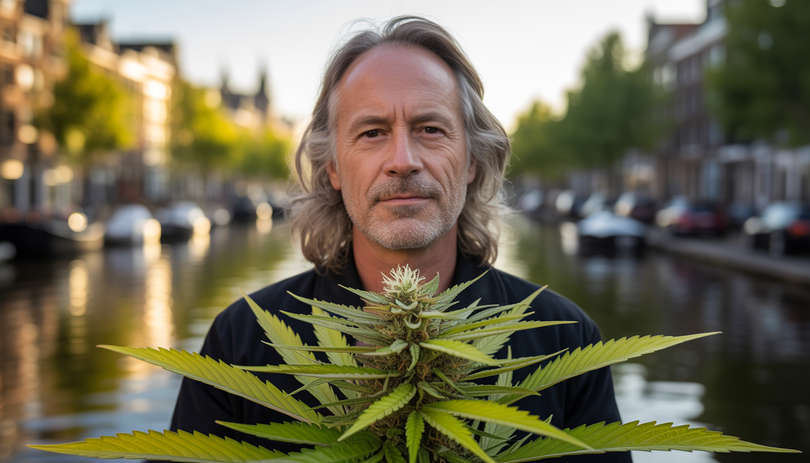 Portrait photoréaliste d'un ancien cultivateur de cannabis aux cheveux gris longs, avec une fleur de White Widow aux trichomes cristallins au premier plan et un panorama de canaux d'Amsterdam en arrière-plan au coucher du soleil