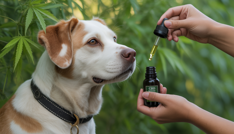 Chien calme recevant de l'huile de CBD avec un compte-gouttes dans un décor naturel