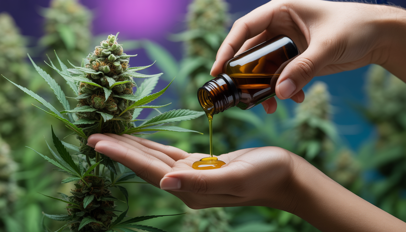 Flacon d'huile de CBD versant dans une main devant des têtes de cannabis résineuses vertes et violettes