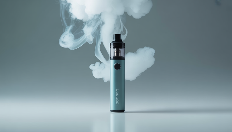 Stylo vape CBD moderne sur fond gris clair neutre, éclairage studio doux avec de légères volutes de vapeur autour de l'appareil, composition minimaliste et épurée