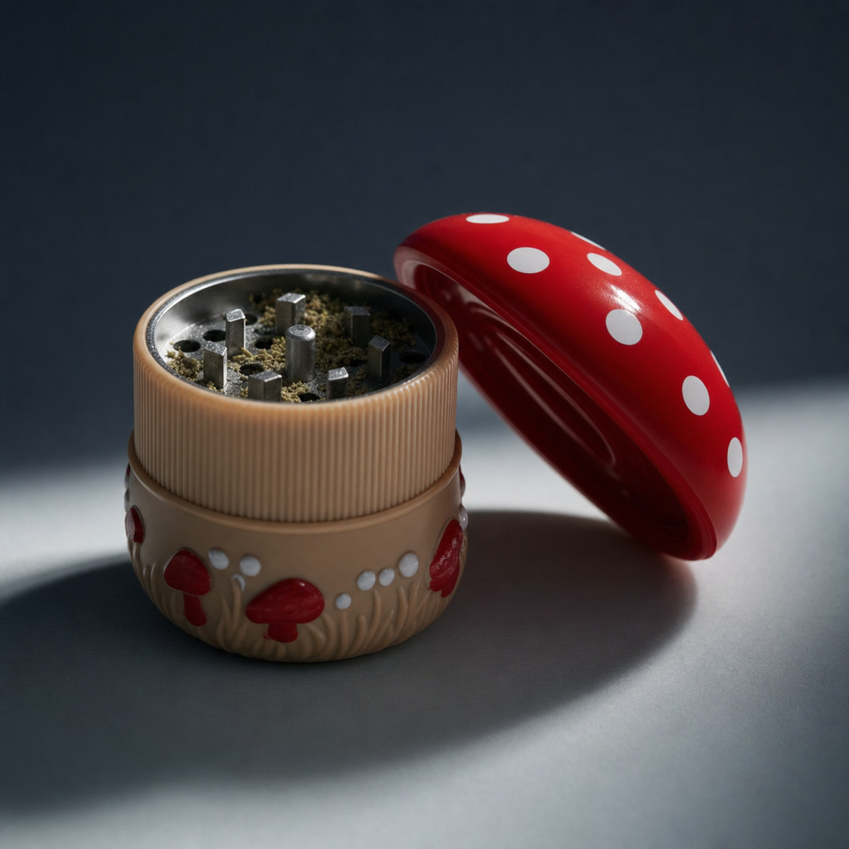Grinder métal champignon CBD - macro open view