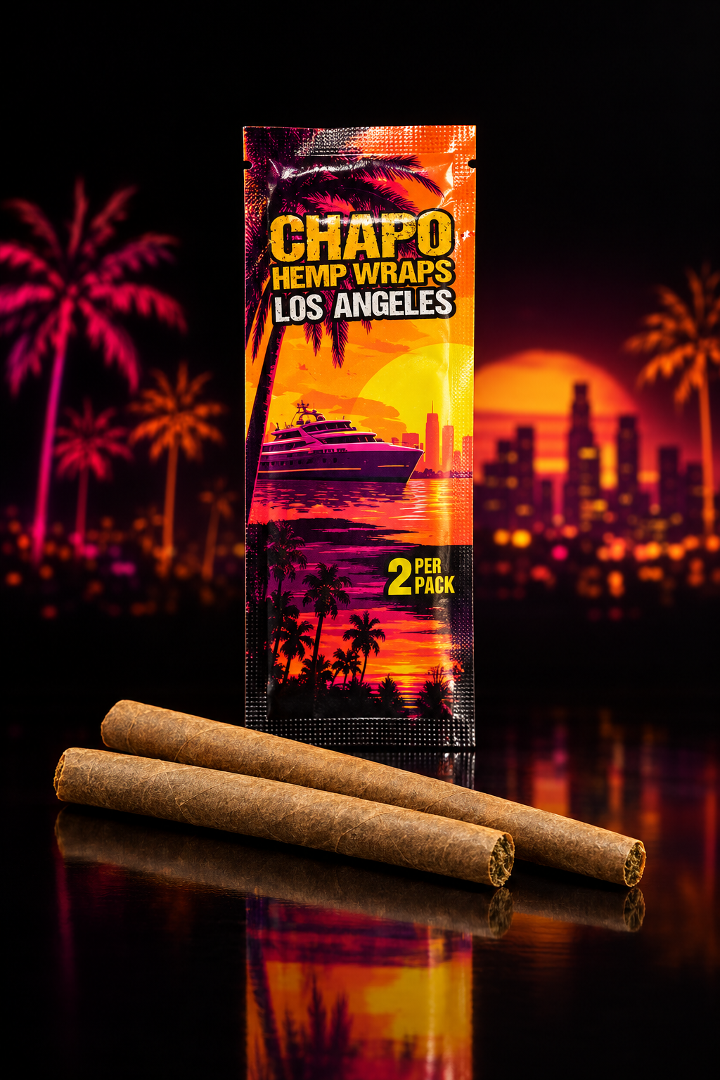 Blunt CHAPO Los Angeles - Ananas Banane - Sachet de 2 blunts sur fond noir avec ambiance sunset LA