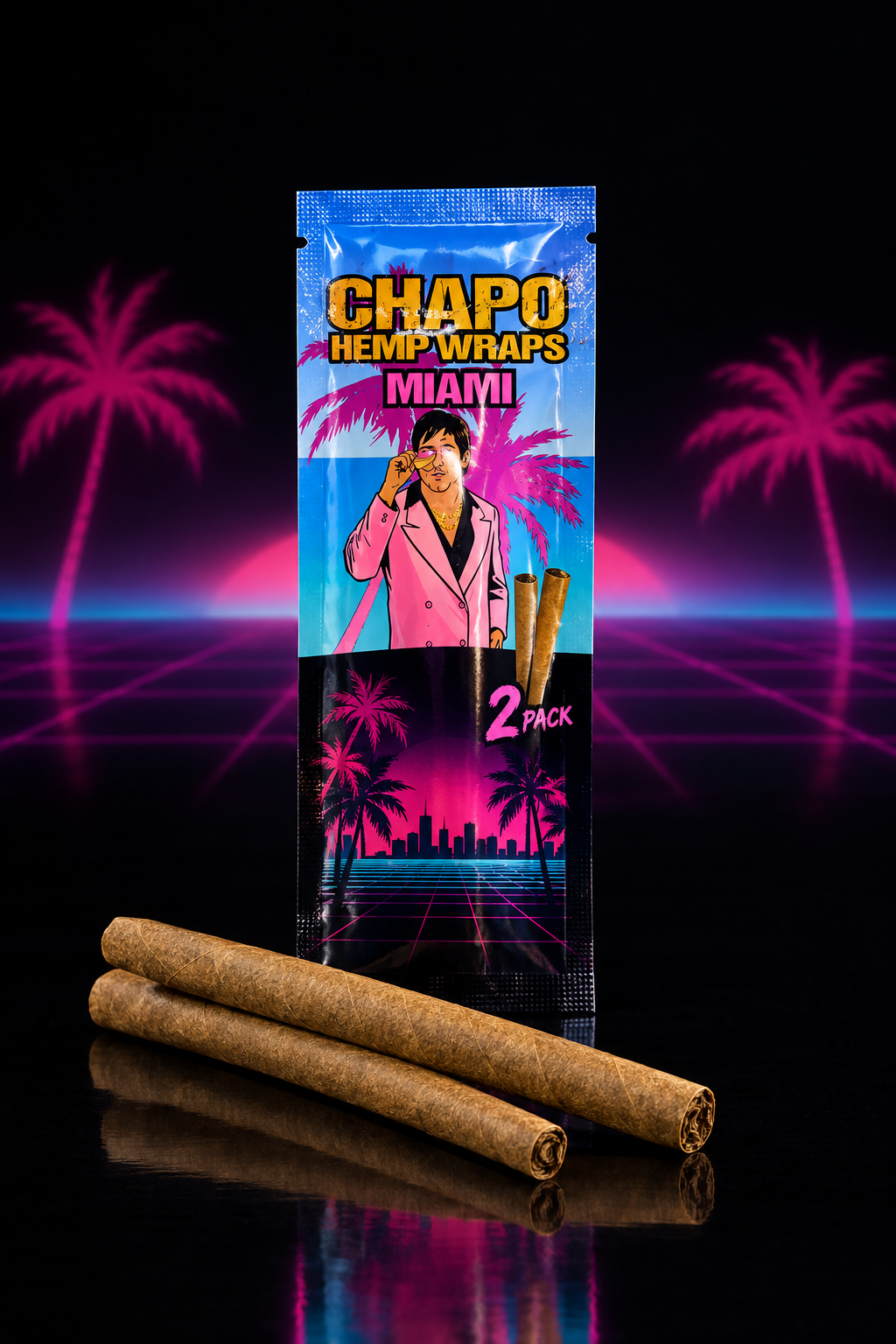 Blunt CHAPO Miami - Mangue - Sachet de 2 blunts sur fond noir avec ambiance Miami Vice retrowave