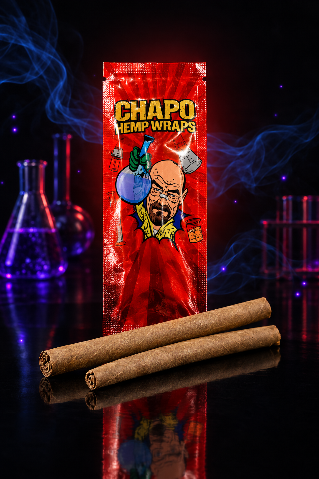 Blunt CHAPO Waltr Whit - Myrtille - Sachet de 2 blunts sur fond noir avec ambiance lab chimie