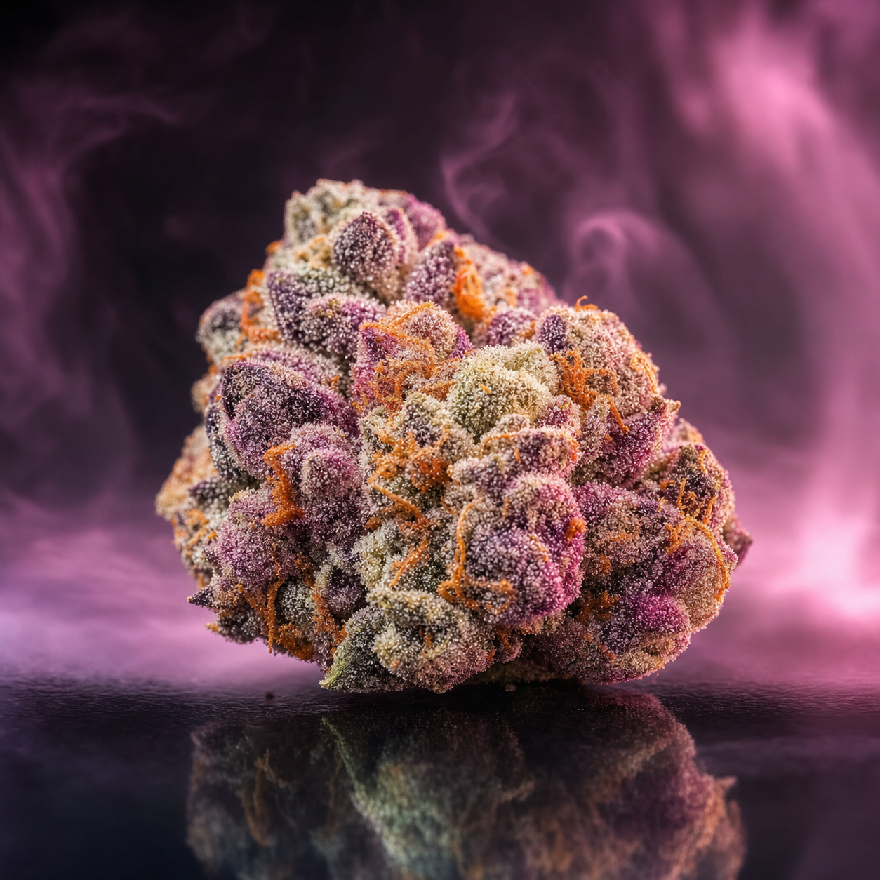 Macro fleur CBD Gelato — bud violet et orange givré de trichomes