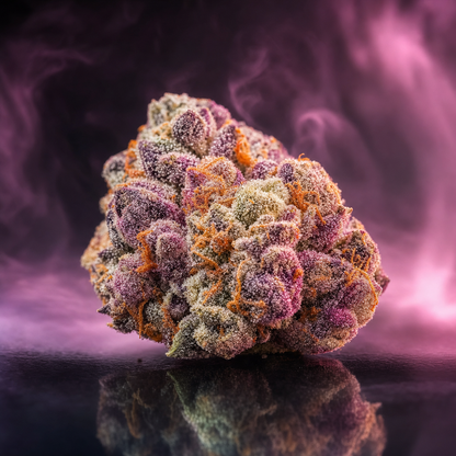 Macro fleur CBD Gelato — bud violet et orange givré de trichomes