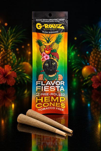 G-Rollz Flavor Fiesta - Cônes pré-roulés multi-fruits - Sachet de 2 cônes sur fond noir avec ambiance carnaval tropical
